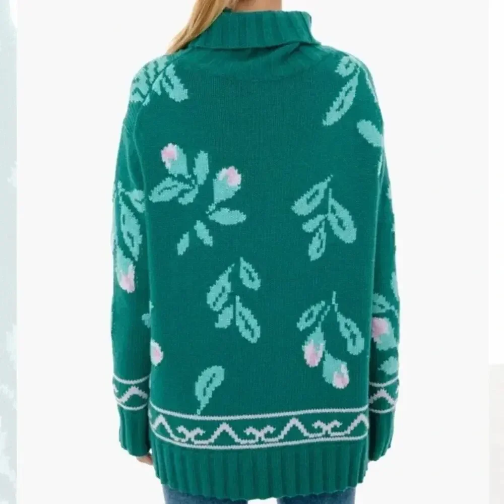 Tuckernuck Juniper Green Dahlia Turtleneck Sweater XS Floral Intarsia Knit NWT
